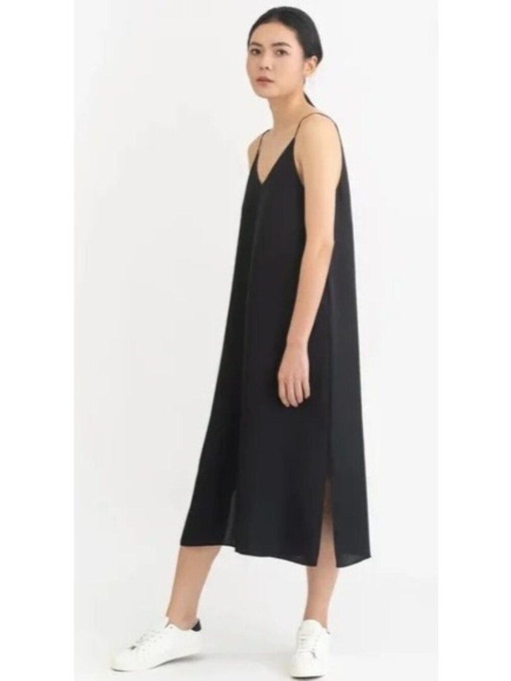 Grana Silk Midi V Neck Slip Dress Sz XS Black Chinese Silk